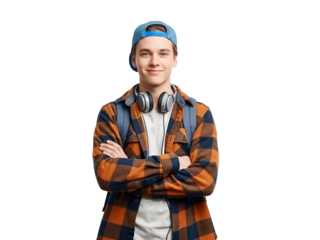 Smiling young male student in casual plaid shirt, blue cap, and headphones, with arms crossed, portraying youth and confidence, isolated on transparent background.