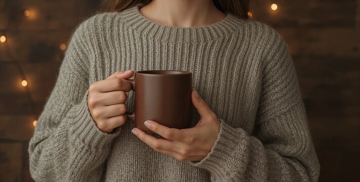 Cozy Winter Coffee Mug Mockup with Woman in Warm Sweater