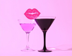 Pink cocktail in glass, girls party minimal concept