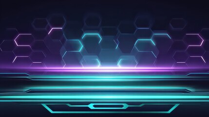 Neon Lit Hexagonal Platform with Glowing Stripes in Dark Environment Displaying Futuristic Technology with Vibrant Blue and Pink Lights