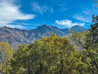 Lush oak trees stand before the towering summits of La Alcazaba and Mulhac&eacute;n peaks. This natural composition captures the serene atmosphere of Vereda de la Estrella in Sierra Nevada, Spain.