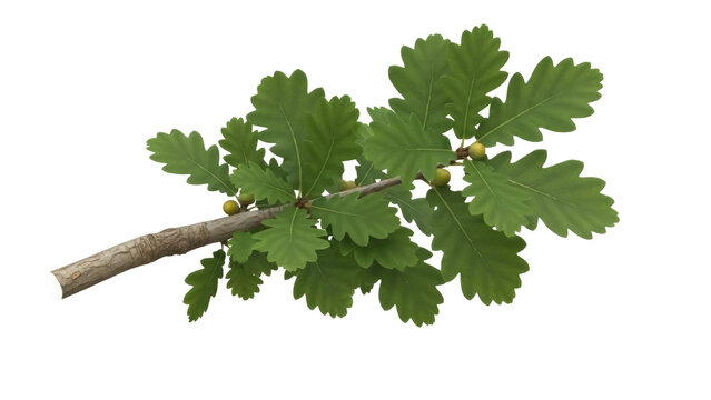 Isolated twig with green oak leaves and acorns ready to fall in autumn forest season - Powered by Adobe