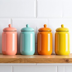 Four colorful ceramic canister jars on a wooden shelf against a white tiled wall
