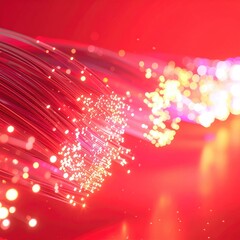 Abstract swirling optical fibers in vibrant red and gold