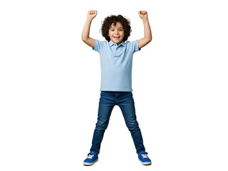 Joyful curly-haired young boy raising arms in a triumphant victory pose, wearing a light blue polo shirt and jeans, expressing happiness and achievement, isolated on transparent background.