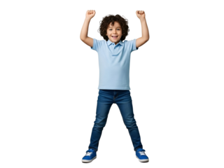 Joyful curly-haired young boy raising arms in a triumphant victory pose, wearing a light blue polo shirt and jeans, expressing happiness and achievement, isolated on transparent background.