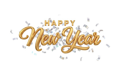 Fototapeta premium Isolated Happy New Year banner with golden text and silvery confetti decoration sparkles
