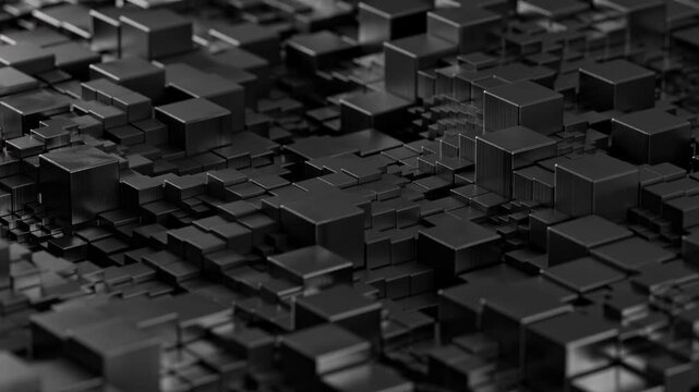 Seamless 4K 3D loop showing black metallic square tiles rising and sinking in a complex geometric terrain. Smooth reflections, varied heights, and fine texture details create an abstract background
