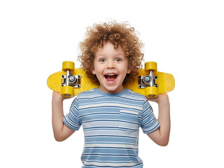 Happy Curly-Haired Boy Holding a Bright Yellow Skateboard with a Cheerful, Energetic Smile, isolated on transparent background, Representing Childhood Fun and Active Lifestyle.