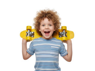 Happy Curly-Haired Boy Holding a Bright Yellow Skateboard with a Cheerful, Energetic Smile, isolated on transparent background, Representing Childhood Fun and Active Lifestyle.