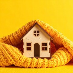 Cozy miniature house nestled in warm yellow knitted fabric against a vibrant yellow background