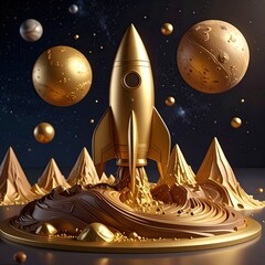Golden rocket launching into space, over stylized mountains and planets