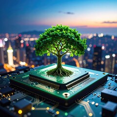 A vibrant green tree, rooted in a computer chip, sits atop a circuit board against a cityscape at dusk