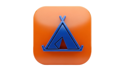 Isolated orange app icon, blue camping tent, summer tourism travel adventure vacation trip