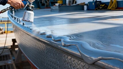 Medium shot showing the application of urethane corrosionresistant paint on metal surfaces of a ship emphasizing flexibility and weather resistance.