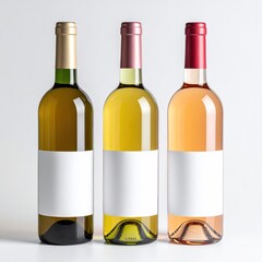 Three wine bottles, white, yellow, and ros?, with blank labels, displayed on a light gray background