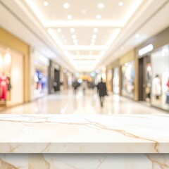 Blurred view of a shopping mall interior, with a marble countertop in focus
