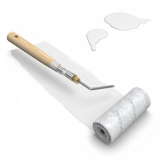 Paint roller and paintbrush, white paint, isolated