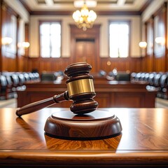 Wooden gavel on a courtroom table, in focus, with blurred background of the courtroom interior