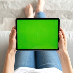 Overhead view of person holding a tablet with a green screen