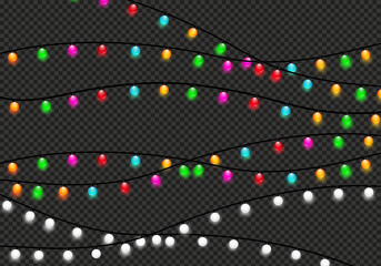 Colorful christmas string lights vector glowing bulbs garland festive holiday decoration transparent background Vector festive graphics are ideal for holiday invitations, party decorations.