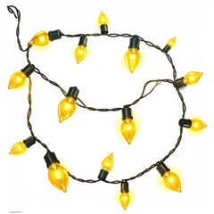 A string of warm yellow lights.  String of bulbs with  dark sockets on black wire