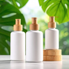 Three white cosmetic bottles with wooden tops sit on a marble surface,  surrounded by lush green tropical foliage