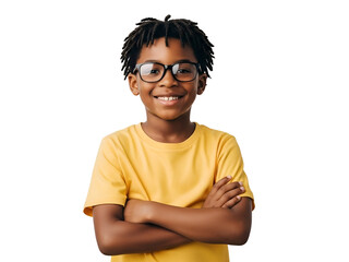 Cheerful African American schoolboy with dreadlocks and glasses, wearing a yellow t-shirt, smiling confidently with arms crossed, isolated on transparent background.