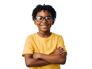 Cheerful African American schoolboy with dreadlocks and glasses, wearing a yellow t-shirt, smiling confidently with arms crossed, isolated on transparent background.