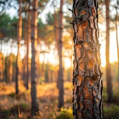 Close-up of a pine tree trunk, bathed in golden sunlight filtering through a forest