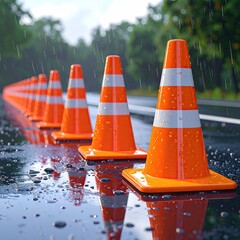 Orange traffic cones in a line on a wet road, rain falling