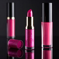 Three vibrant pink lipsticks and glosses on a dark background