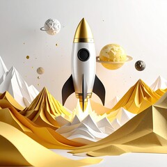 Rocket launch, abstract, 3D, mountains, planets