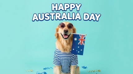 Happy australia day cheerful dog wearing striped outfit holding small australian flag celebrating the occasion