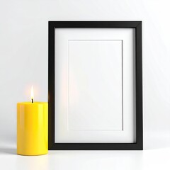Black frame, blank white interior, yellow candle