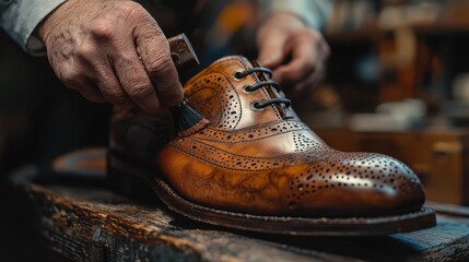 Close-up of a skilled craftsman's hands polishing a polished brown leather dress shoe with a soft brush, showcasing traditional shoemaking and leatherworking craftsmanship