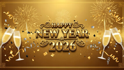 Golden happy new year 2026 text and numbers with falling confetti isolated on transparent background
