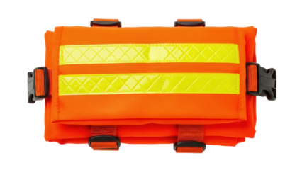 Isolated orange tool bag with reflective stripes, safety gear, buckles, straps, pocket, kit