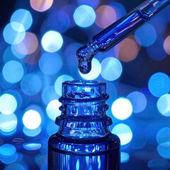 Blue liquid drips from dropper into bottle against bokeh background