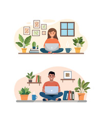 Flat vector illustration of a workspace with a laptop and diagrams 