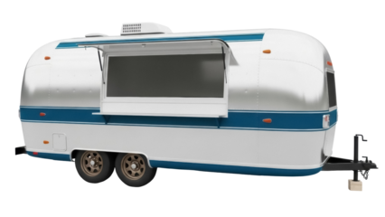 Isolated vintage retro camper trailer, mobile food truck, concession stand without background
