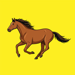 Obraz premium Dynamic illustration of a magnificent brown horse galloping freely, embodying strength and untamed spirit against a vibrant yellow background
