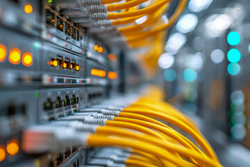 Network server racks connected with bright yellow cables and blinking indicator lights inside a modern data center environment with a bokeh background