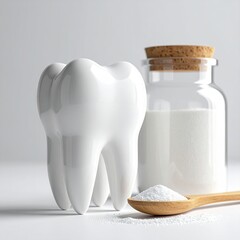 Two stylized white teeth and a small glass jar filled with white powder sit on a light gray surface. A wooden spoon holds the powder