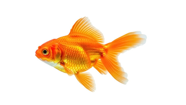 Isolated goldfish, vibrant orange color, fancy fantail breed, swimming on its side in studio