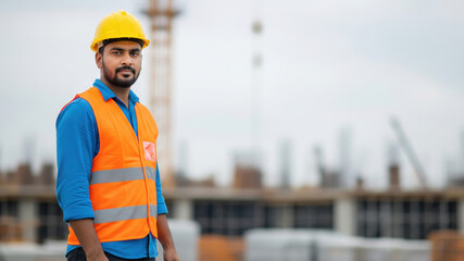 A young indian male construction worker wearing a yellow hard hat and orange safety vest stands at a building site with a blurred urban construction background with copy space