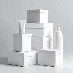 Stacked white boxes and containers.  Empty packaging mockups against a plain backdrop.  Cosmetic or gift items