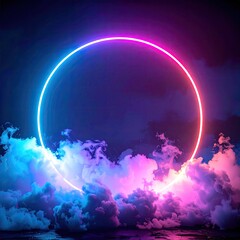 Neon circle framed by clouds