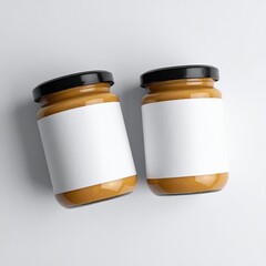 Two glass jars of a light brown spread,  with blank white labels, positioned on a white background
