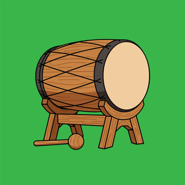 Illustration of a traditional wooden drum on a stand with a mallet